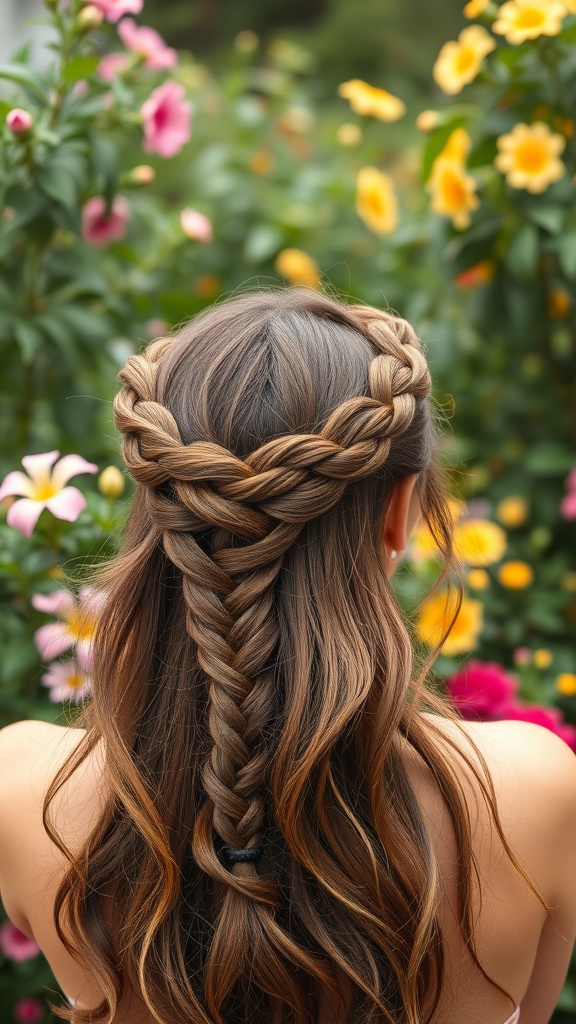 A woman with a braided crown hairstyle made from light brown hair, surrounded by colorful flowers.