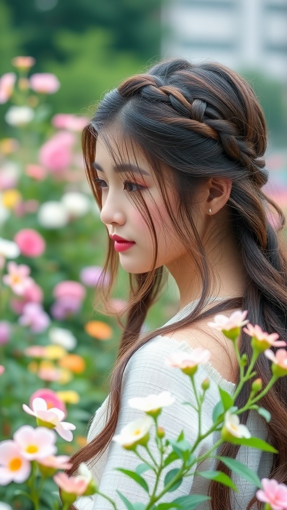 A girl with a braided crown hairstyle surrounded by colorful flowers.