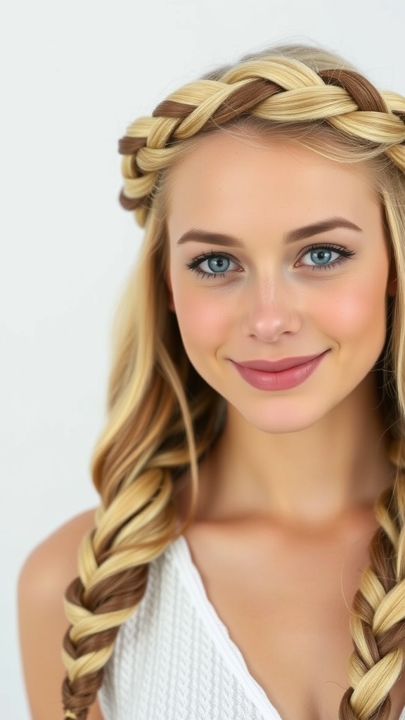 A woman with blonde hair styled in a braided crown featuring brown highlights.