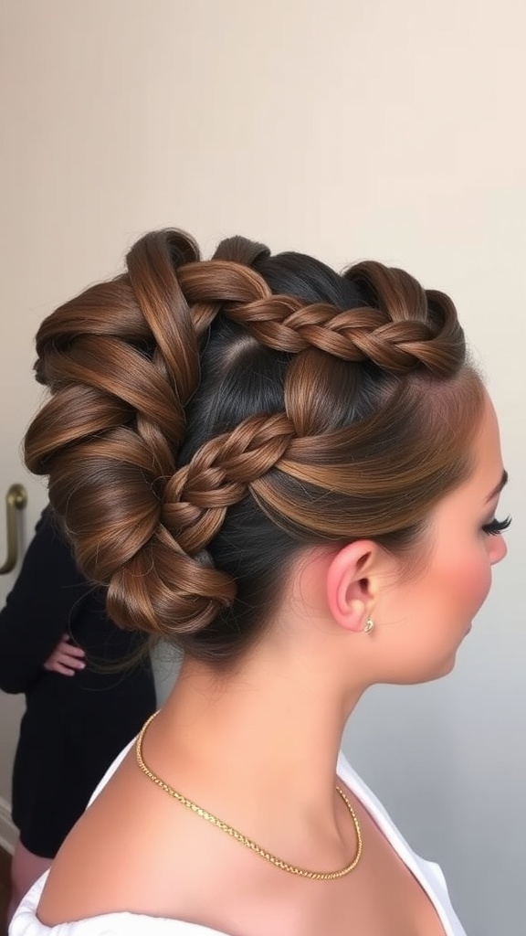 A woman with a braided faux hawk hairstyle, featuring sleek sides and voluminous top braids.