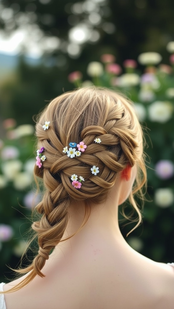 A woman with braided hair styled with a bohemian flair, showcasing intricate braids and a natural background.