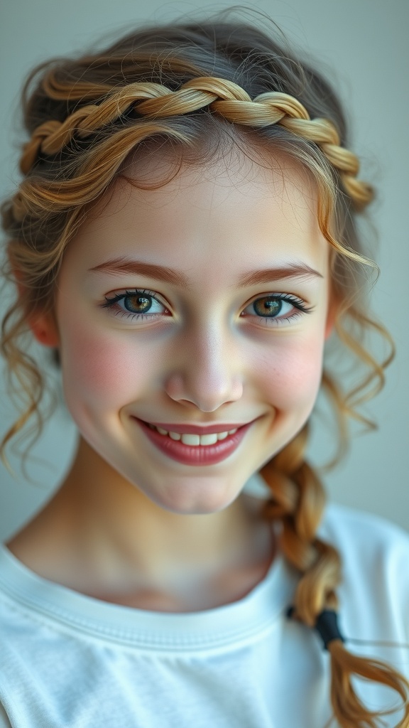 A girl with a braided headband on loose hair, smiling at the camera.