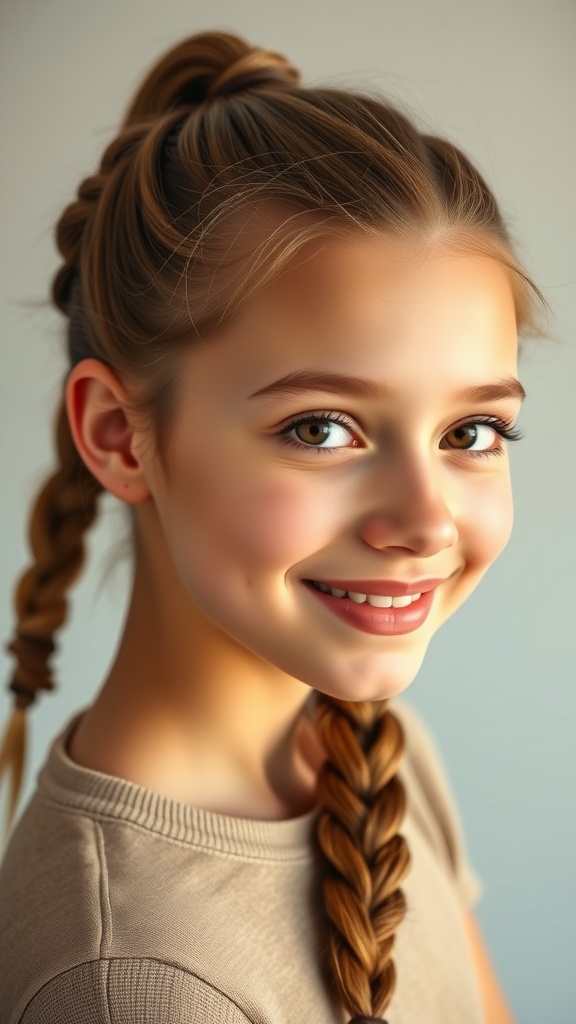 A young girl with a braided ponytail, smiling at the camera.