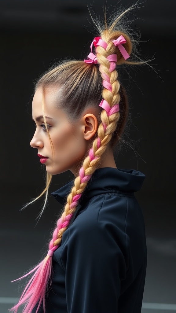 A side view of a woman with a braided ponytail featuring blonde and pink streaks, adorned with pink ribbons.