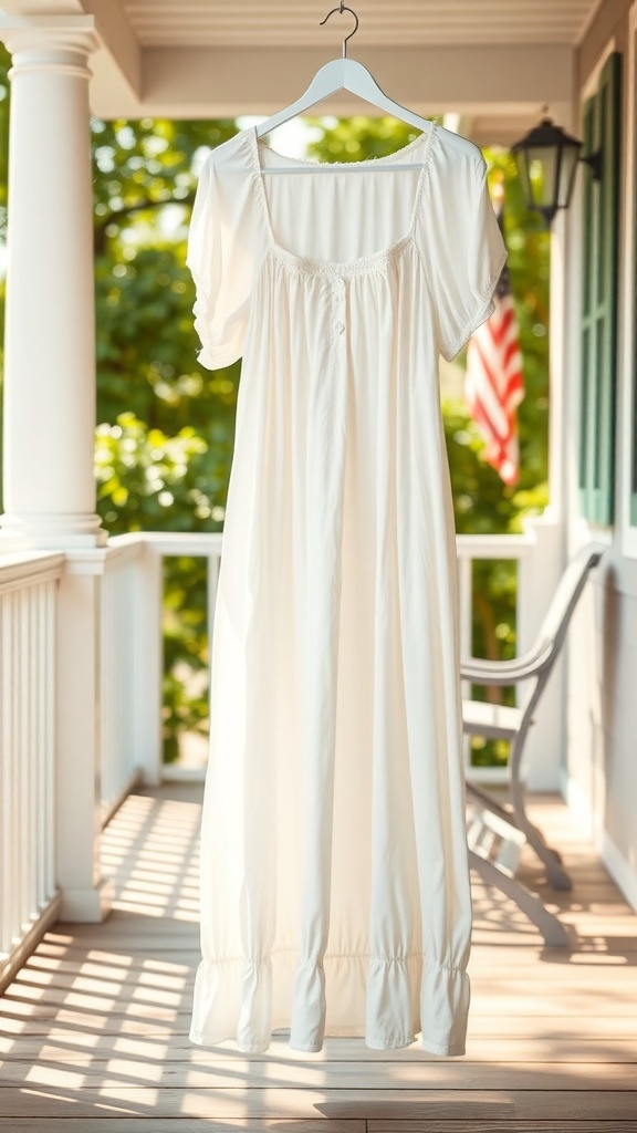 A white cotton nightgown hanging on a porch, surrounded by greenery and sunlight.