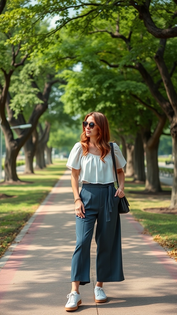 A woman wearing a breezy crop top and tailored culottes, walking on a tree-lined path.
