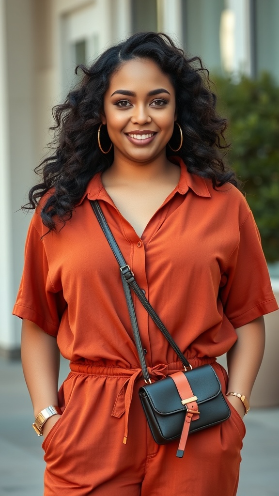 A woman wearing a vibrant orange jumpsuit and a black crossbody bag, smiling confidently.