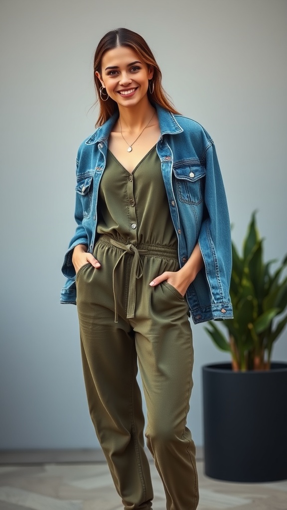A woman wearing a breezy olive green jumpsuit and a denim jacket, smiling with her hands in the pockets, set against a neutral background with a plant.