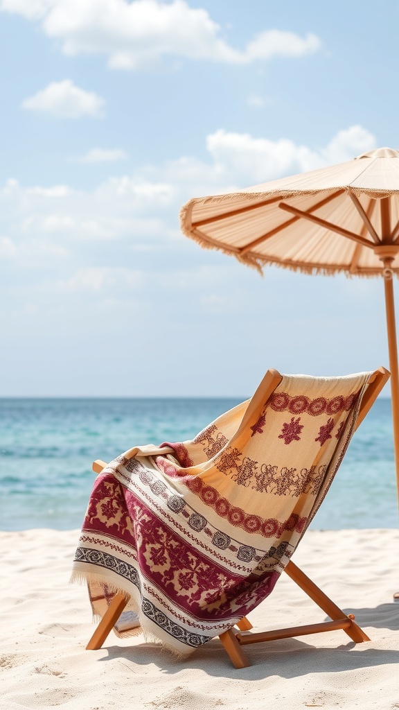 A beach scene with a wooden chair draped in a patterned blanket and a sun umbrella in the background.