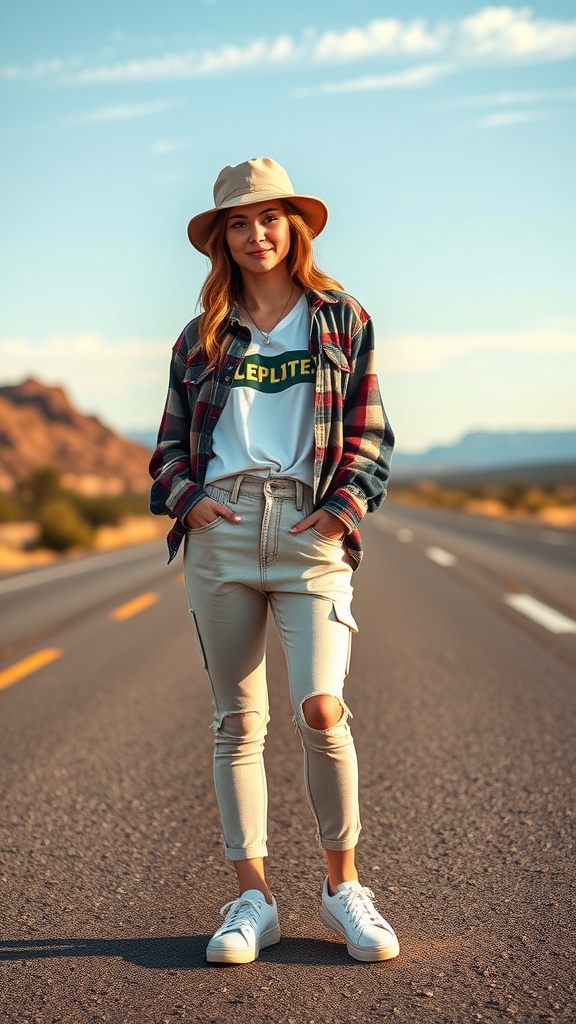 A young woman in a plaid shirt, white t-shirt, and ripped jeans stands on a road, wearing a hat and sneakers, ready for a road trip.
