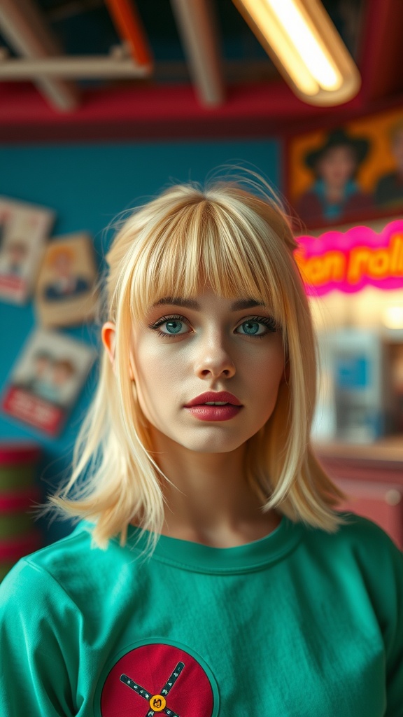 A model with bright blonde hair and bold bangs, wearing a green shirt, set against a colorful background.