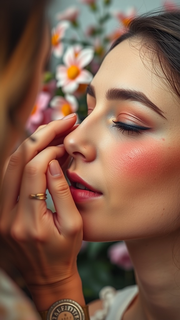 A close-up of a woman with bright coral blush on her cheeks, surrounded by flowers, showcasing a fresh summer makeup look.