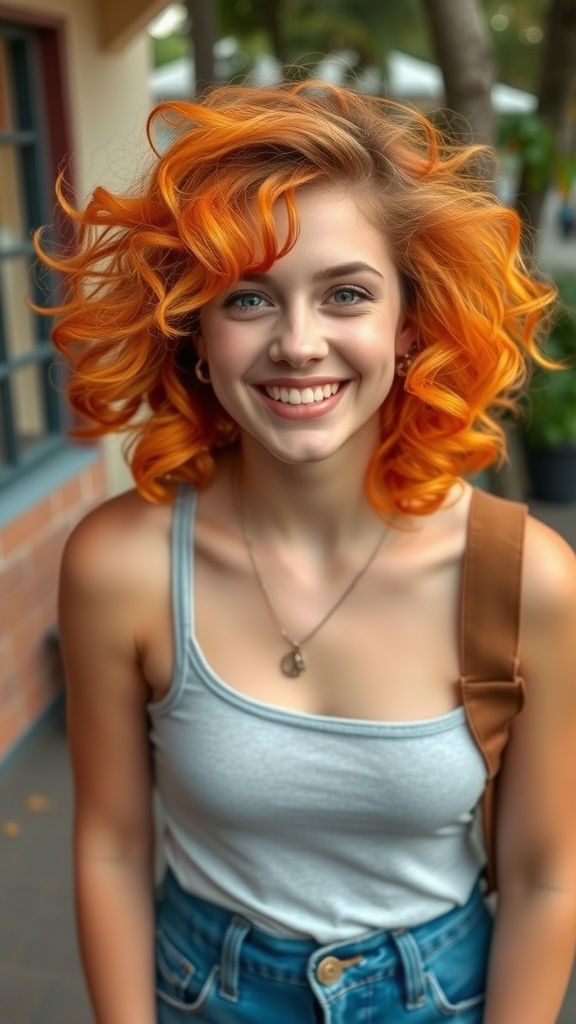 A woman with bright orange and pink curly hair, wearing a denim jacket and smiling.