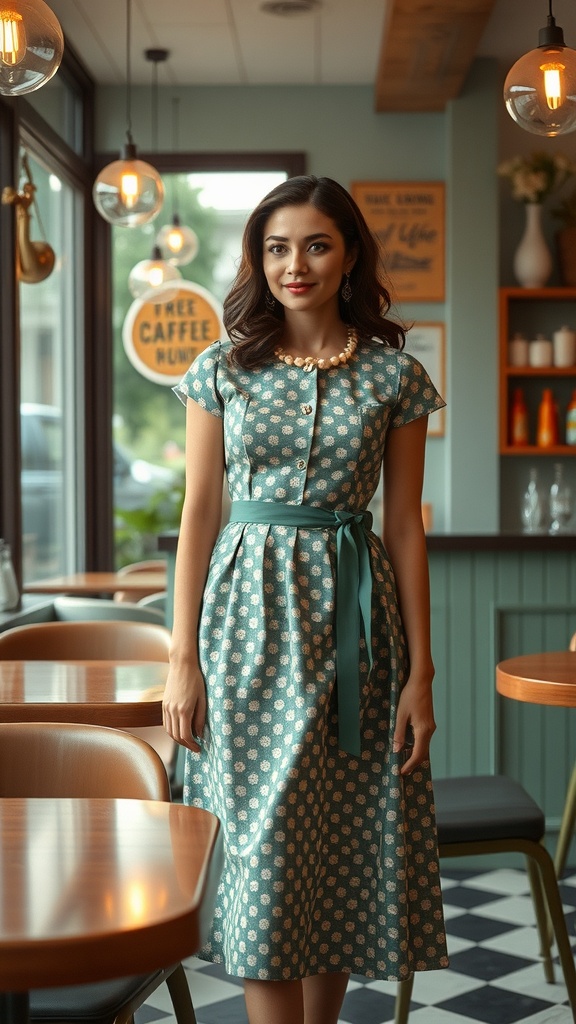 A woman in a vintage dress with brightly colored red and green tights standing in a retro cafe