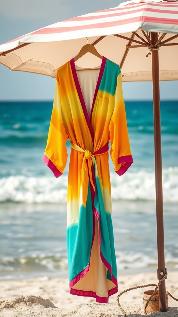 Brightly colored wrap dress hanging under a beach umbrella