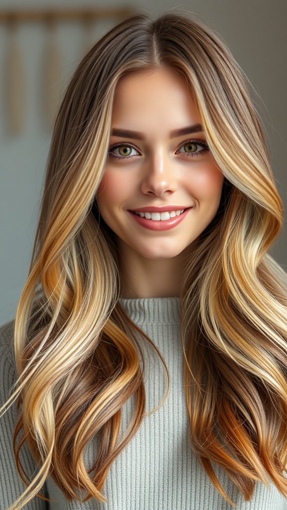 A woman with shoulder-length bronde balayage hair, featuring warm blonde and brown tones.