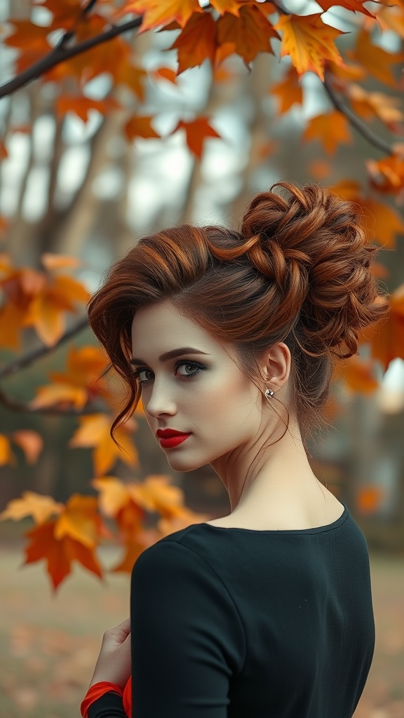 A woman with bronze toned curls and a bold lip color, surrounded by autumn leaves.