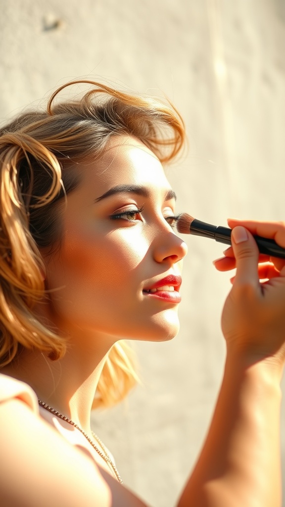 A makeup artist applying bronzed highlighter on a model's cheekbone in sunlight.