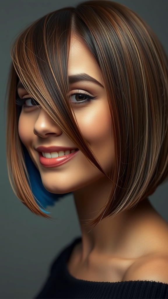 A woman with a brown bob haircut featuring peekaboo blue highlights, smiling at the camera.