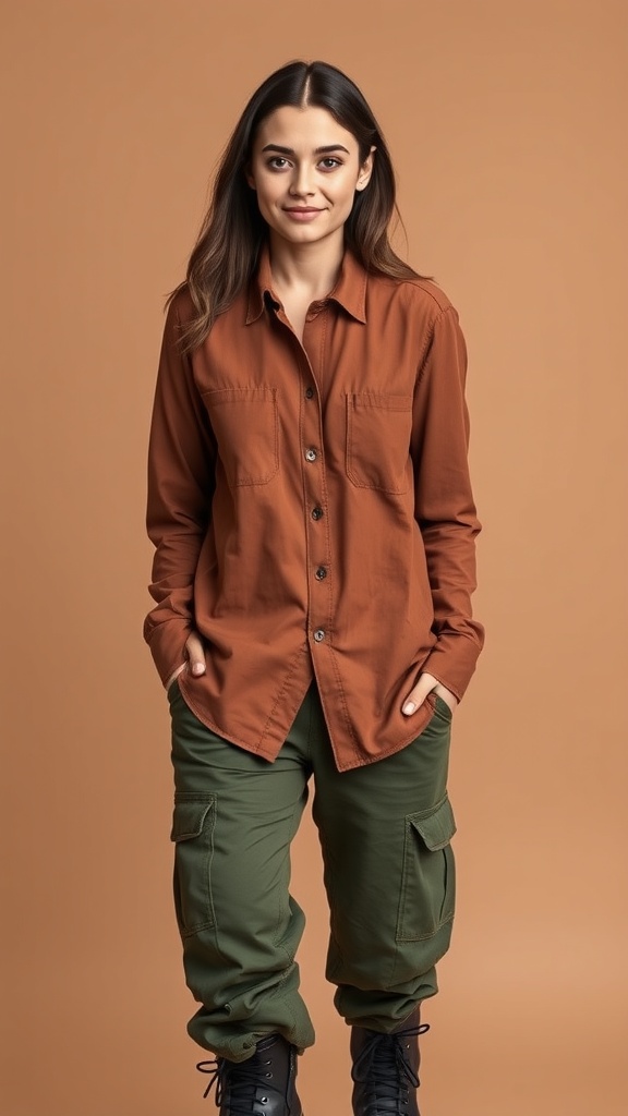 A model wearing a brown button-up shirt and green cargo pants, standing against a neutral background.