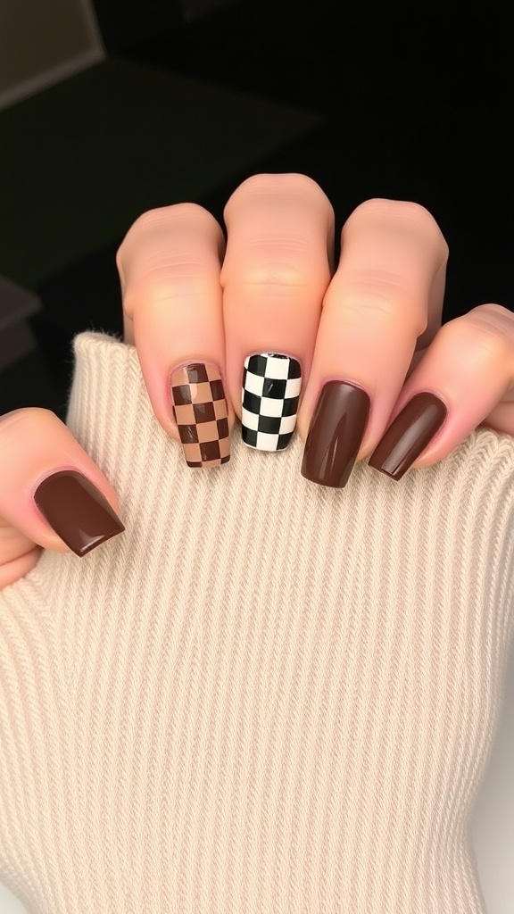 Nails featuring a brown checkerboard design and solid brown colors