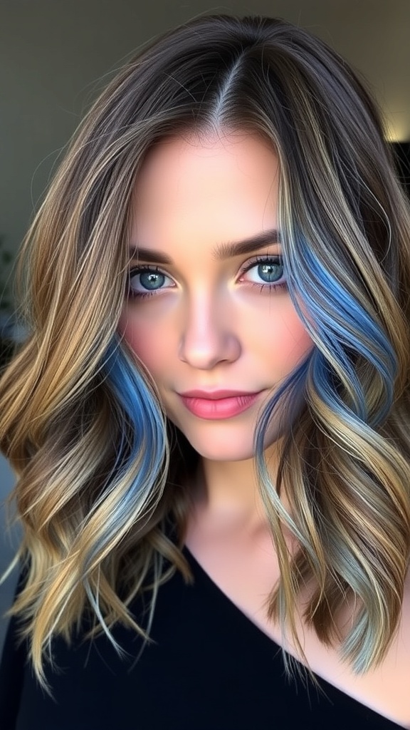 A woman with brown hair featuring blue face-framing highlights, showcasing a stylish look.