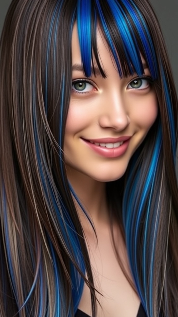 A woman with brown hair featuring a sapphire blue underdye, smiling and showcasing her stylish look.