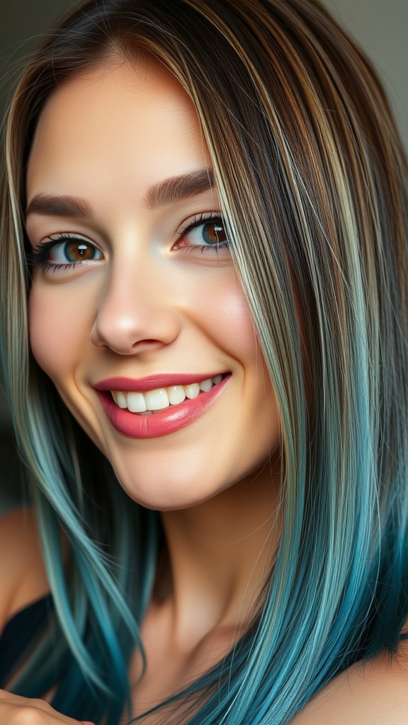 A woman with brown hair featuring subtle teal blue highlights, smiling and showcasing her stylish look.
