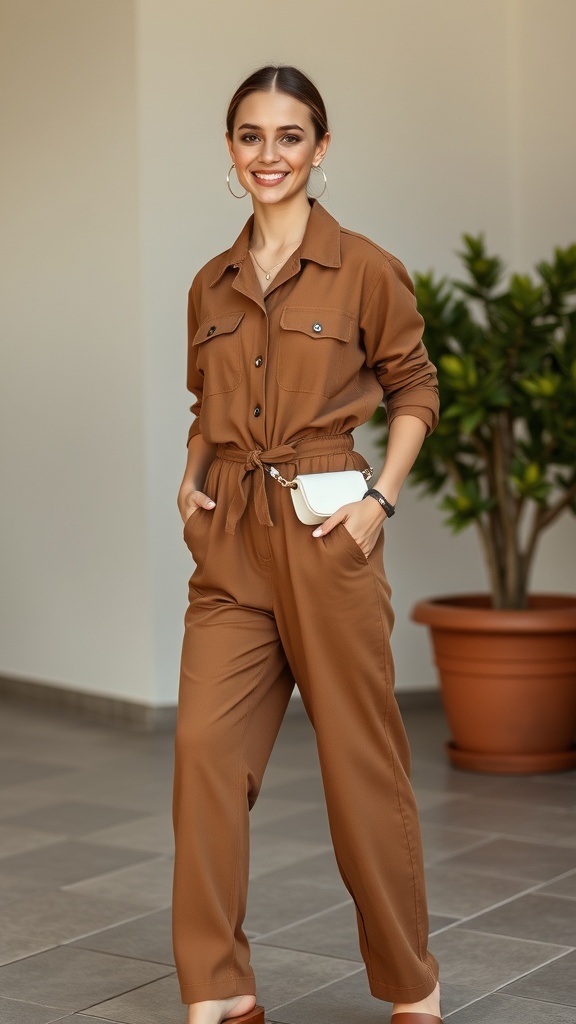 A woman wearing a brown jumpsuit with a white belt bag, smiling confidently.