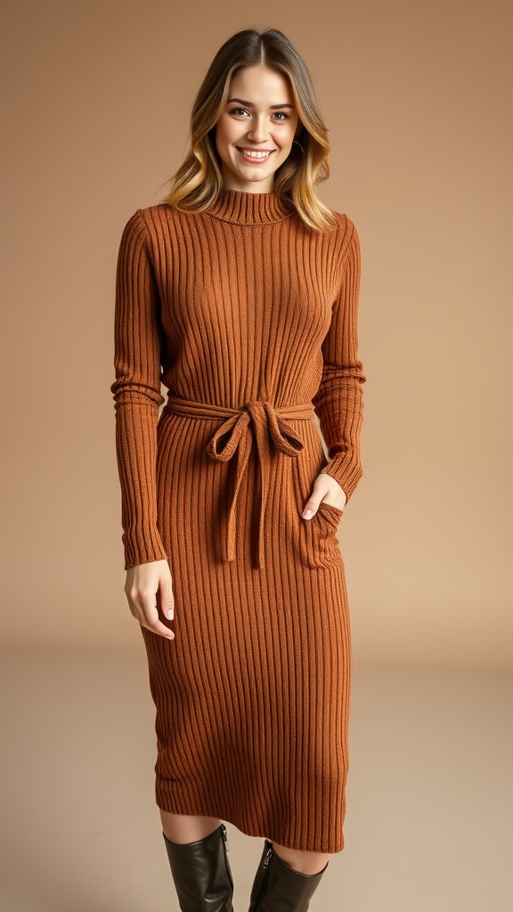 A woman wearing a brown knit midi dress with a waist tie, smiling at the camera.