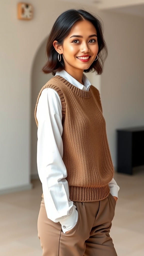 A woman wearing a brown knit vest over a white shirt, smiling confidently.