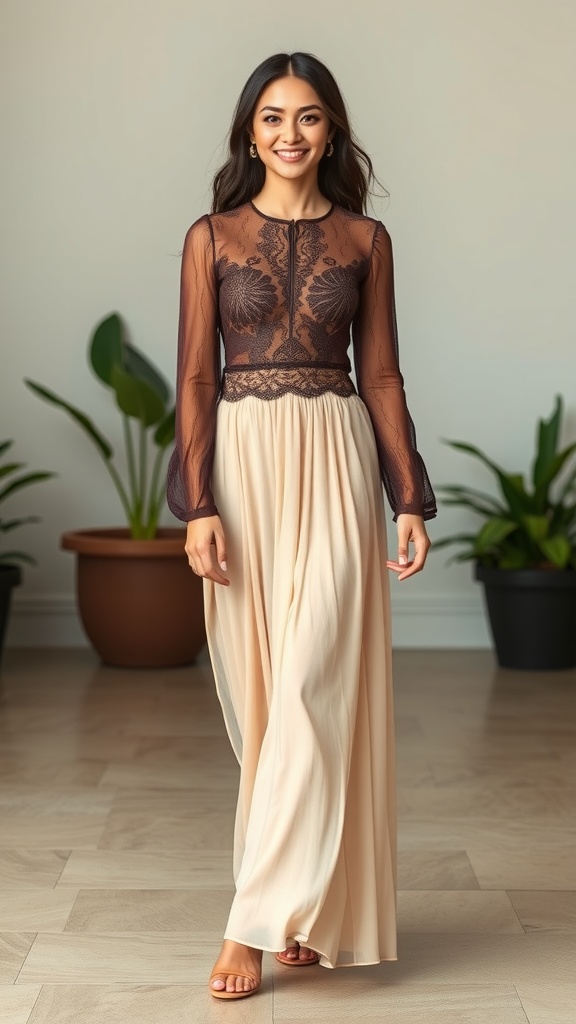 A woman wearing a brown lace long sleeve blouse and a beige maxi skirt, smiling in a bright indoor setting.