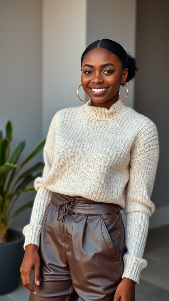 A woman smiling while wearing brown leather joggers and a cropped sweater, showcasing a stylish outfit.