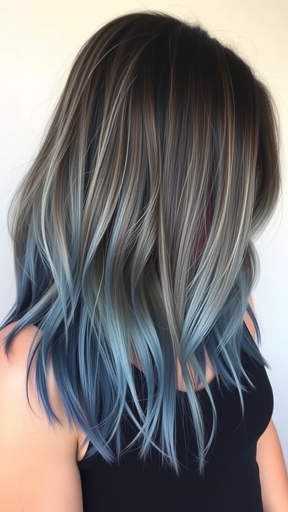 A woman with a brown lob hairstyle featuring blue balayage ends, smiling and showcasing her stylish look.