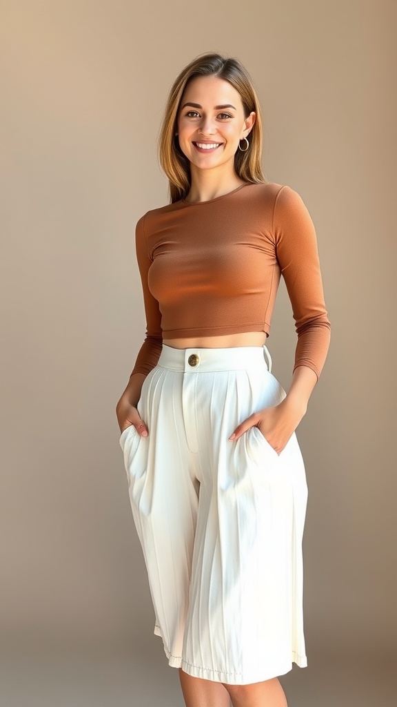 A woman wearing a brown long sleeve crop top and white pleated shorts, smiling at the camera.