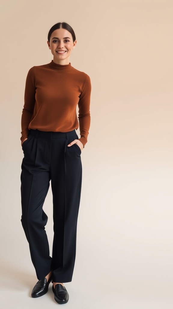 A woman wearing a brown mock-neck top and black trousers, smiling confidently.