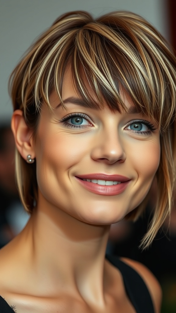 A woman with a brown pixie haircut featuring ashy blonde highlights, smiling and looking stylish.