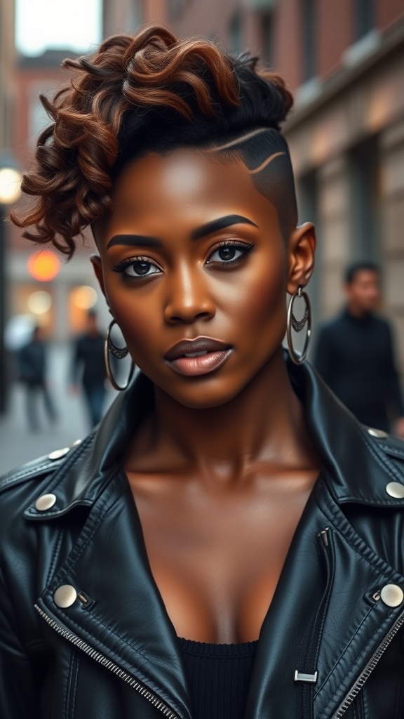A woman with a brown pixie cut featuring an undercut and sharp lines, wearing a leather jacket.