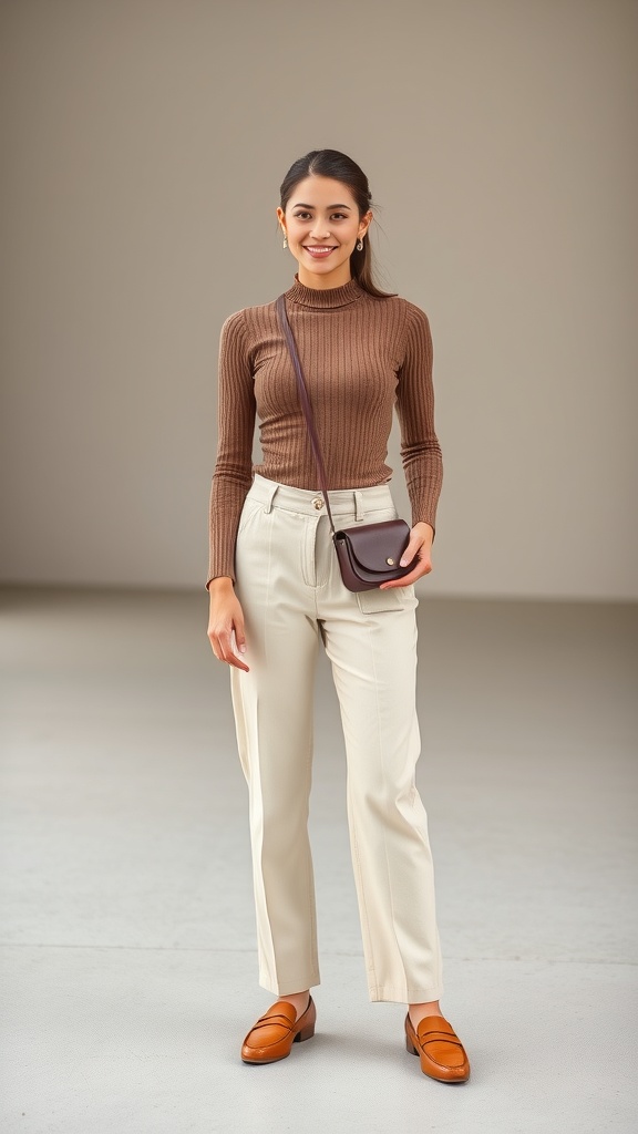 A woman wearing a brown ribbed bodysuit and cream trousers, smiling and posing in a neutral background.