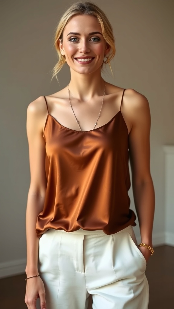 A woman wearing a brown satin camisole and white culottes, smiling and looking stylish.