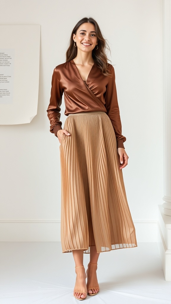 A woman wearing a brown satin wrap top and a pleated midi skirt, smiling in a bright room.