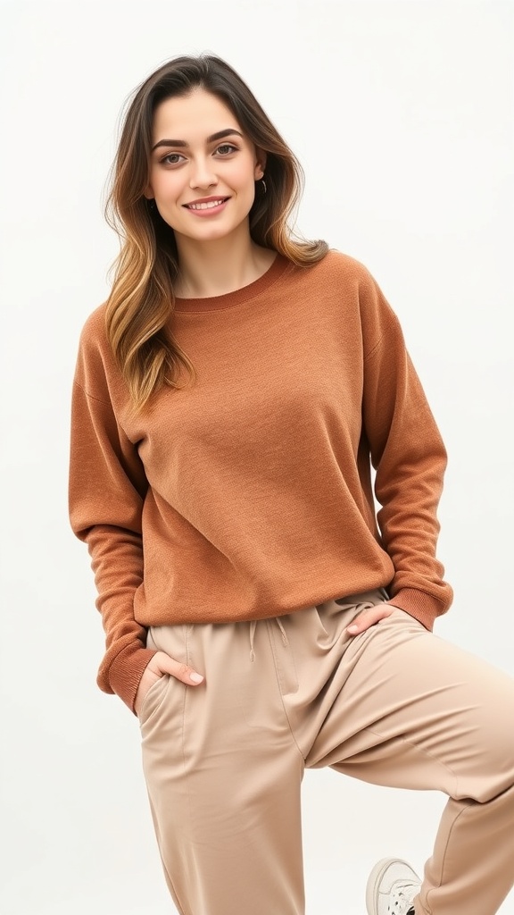 A woman wearing a brown thermal long sleeve top with joggers, smiling and posing casually.