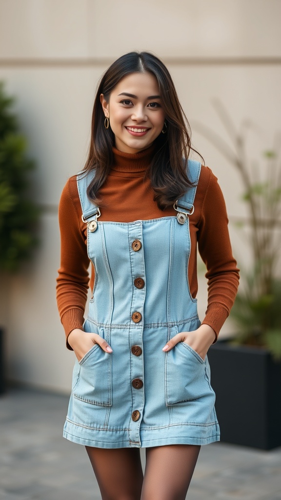 A woman wearing a brown turtleneck under a denim pinafore, smiling outdoors.