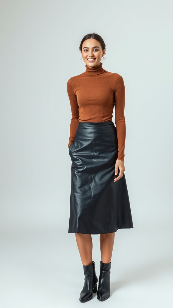 A woman wearing a brown turtleneck and a black faux leather skirt, smiling at the camera.