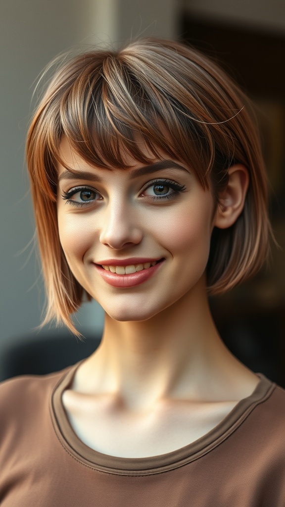 A woman with short brown hair featuring rose gold highlights and an undercut, smiling at the camera.