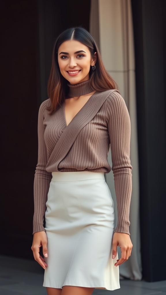 A woman wearing a brown wrap top and a white A-line skirt, smiling confidently.