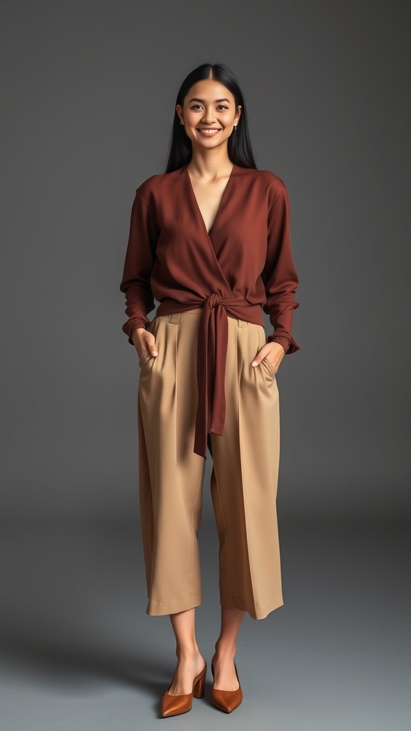 A woman wearing a brown wrap top with wide culottes, smiling confidently.