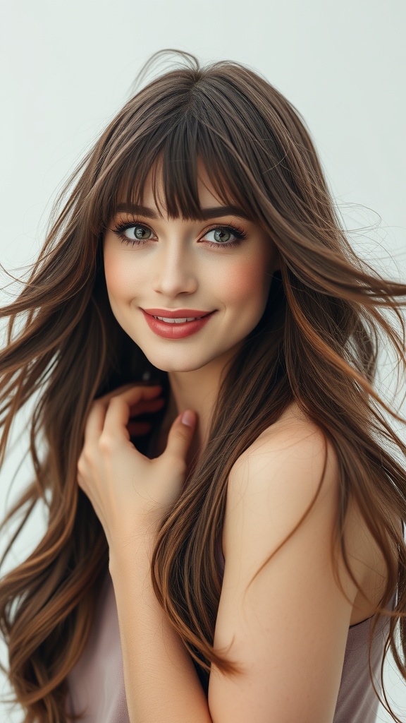 A woman with brunette curtain bangs and caramel layers, smiling softly.