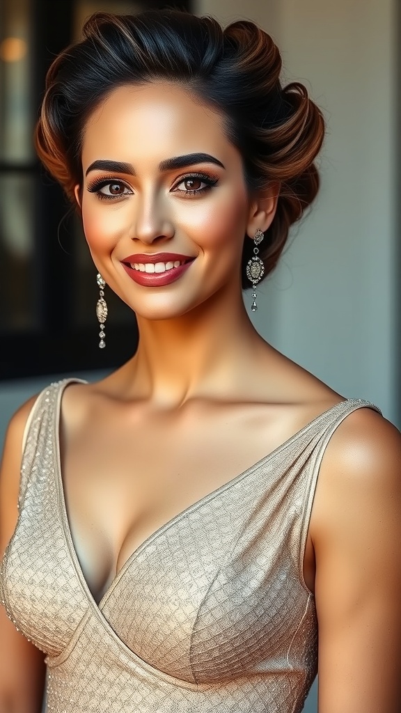 A woman with brushed-back waves and a volume crown, wearing elegant earrings and a shimmering dress.