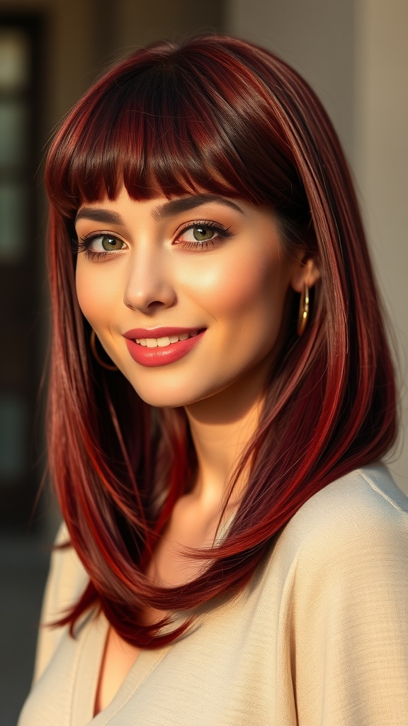 A woman with burgundy-red hair styled in a sleek blowout, featuring bangs and a warm smile.